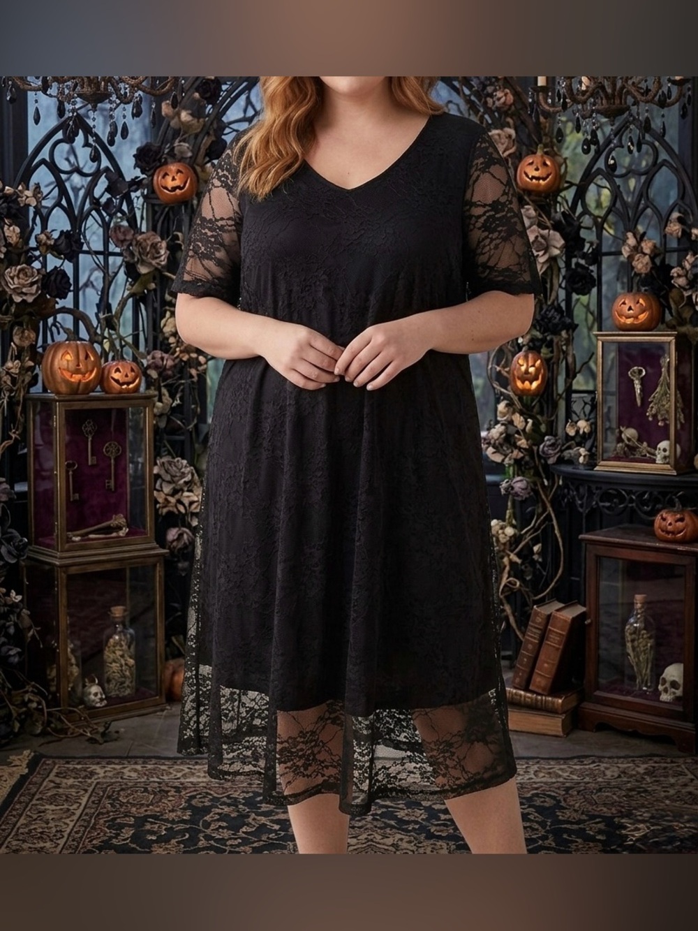 SHEIN Curve Plus Size 5XL Black Lace Overlay Midi Dress Spooky Goth Fall